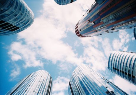 View from the bottom of skyscrapers to the sky